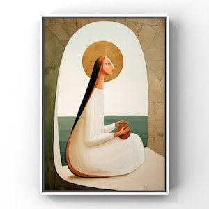 Mary Magdalene Art Print | Symbolic Catholic Wall Art | Modern Sacred Portrait | Oil Jar | Gold Halo | Fine Art Spiritual Decor