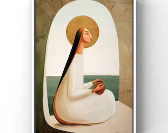 Mary Magdalene Art Print | Symbolic Catholic Wall Art | Modern Sacred Portrait | Oil Jar | Gold Halo | Fine Art Spiritual Decor