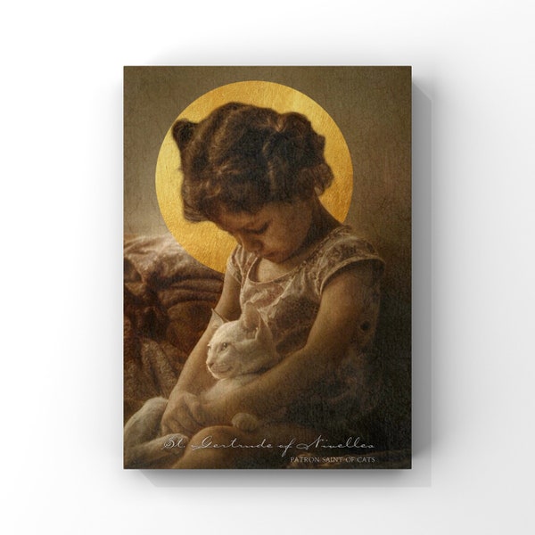Sint-Gertrudis van Nijvel - Patroonheilige van katten - Kunst aan de muur - Patroonheilige Print - Katholiek Decor - Downloadbare Heilige - Printables