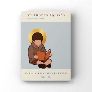Peut inclure: Une illustration numérique de Saint Thomas d'Aquin, le saint patron de l'apprentissage, lisant un livre. Il est représenté comme un jeune homme aux cheveux bruns et une robe brune. L'arrière-plan est de couleur bleu clair avec une auréole dorée derrière sa tête. Le texte "ST. THOMAS AQUINAS" est en haut de l'image, et le texte "PATRON SAINT OF LEARNING" est en bas de l'image. Les années "1225-1274" sont également incluses.