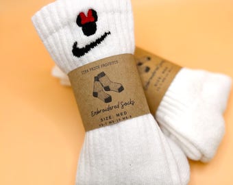 Custom Everyday Cushioned Crew Socks | Embroidered Minnie | Custom Disney Socks