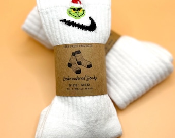 Custom Everyday Cushioned Crew Socks | Embroidered Grinch Socks | Custom Disney Socks | Christmas socks