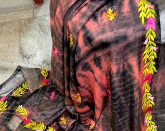 Shibori dyed linen cotton saree have allover embroidery work with blouse piece