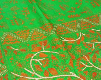 Handcrafted Folk motive Kanthastitch work pure bangalore silk saree with running Blouse piece.