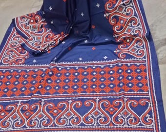 Handcrafted Kanthastitch and kachh Stitch Saree, Navy Blue Artsilk with Mirrorwork
