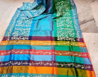 Pure Silk 3D KATAN Bishnupuri Silk allover handcrafted kantha stitch work with Running BP