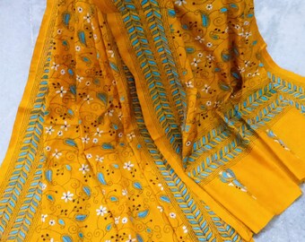 Kanthastitch Handcrafted kantha Dupatta Stole Scarf allover embroider on ArtSilk Fabric.