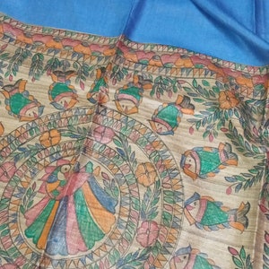 Madhubani hand-painted Tassaure silk saree with ghicha weaving madhubani painted blouse piece