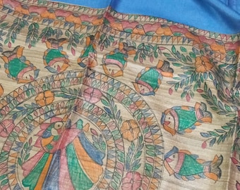 Madhubani hand-painted Tassaure silk saree with ghicha weaving madhubani painted blouse piece