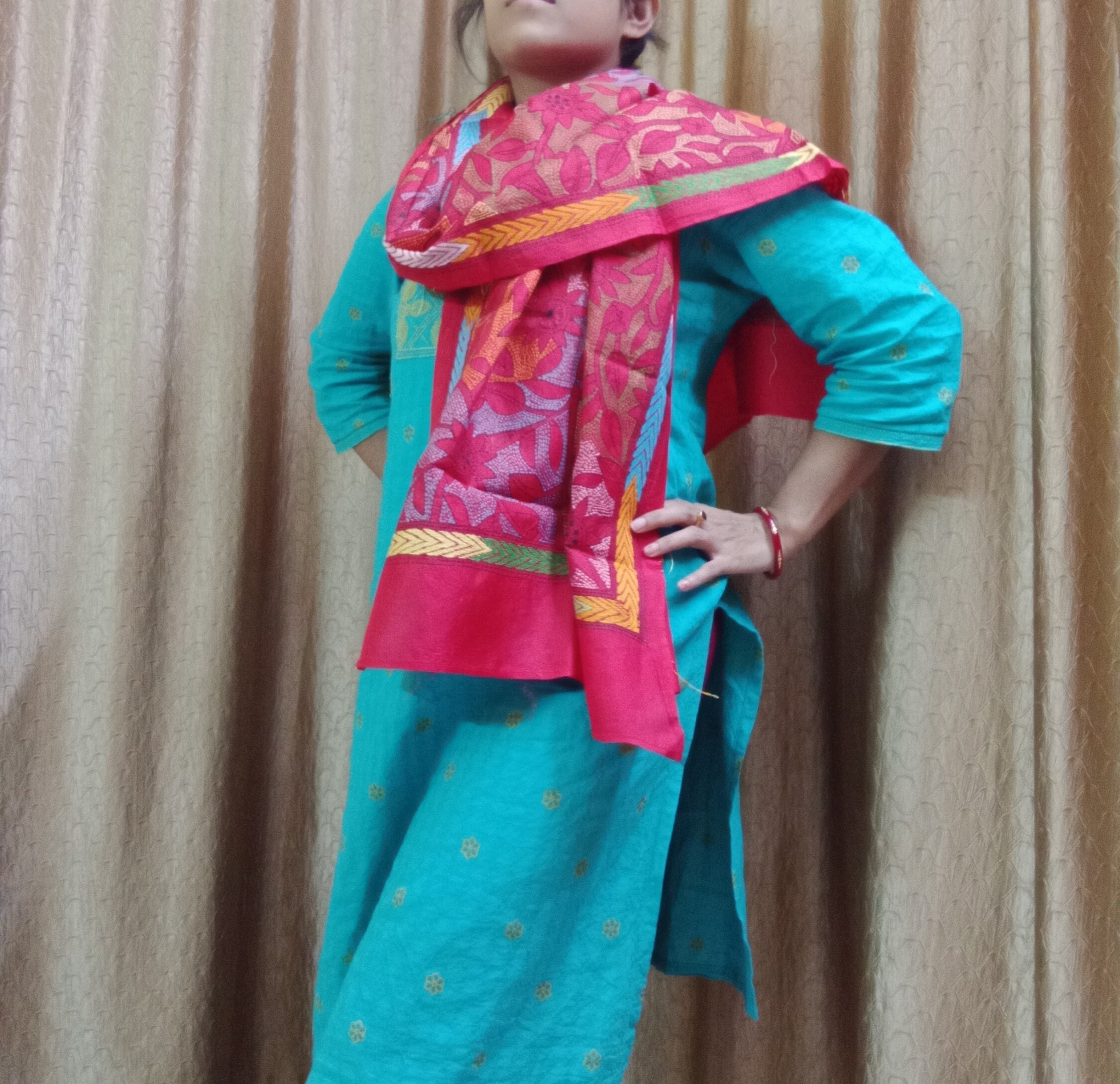 Multicolor - Patchwork Reversible Silk Bengal Hand Kantha Stitch Stole 24