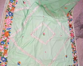Pistachio Silk Saree, Parshi Gara Embroidery, Running Blouse