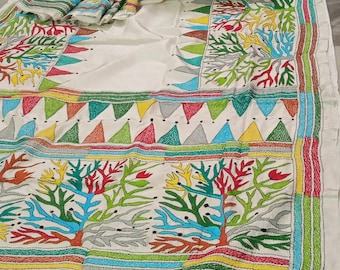 Kanthastitch embroidery handcrafted milkwhite art silk saree with running blouse piece ..