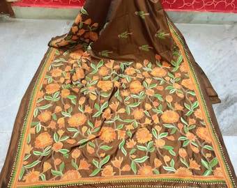 Handcrafted Kanthastitch Embroidery soft silk Art silk saree with running blouse piece