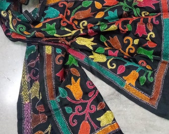Handcrafted Kantha stitch Scarf Dupatta in black on Tassaure Silk fabric.