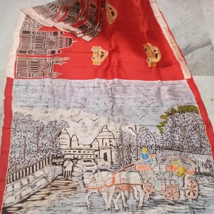 Pure zijden handbatik Rode kolkata nostalgische sari met koffiebruine hardloopblouse..