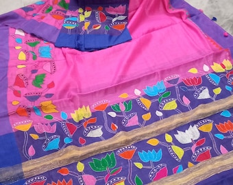 Handcrafted  Kota Cotton patli pallu Saree with Kantha Stitch work, Blue Contrast