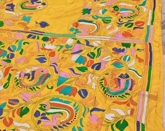 Handcrafted Kantha stitch fish motive Golden Yellow Art silk Saree with running blouse piece..