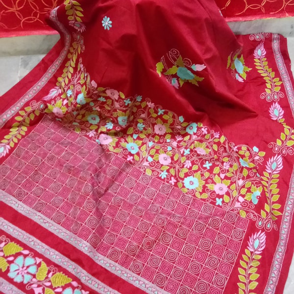 Bengal Handcrafted kantha embroidered Maroon saree have Rose motive and running Blouse piece