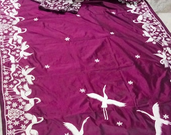 Parshi stitch Machine embroidery Magenta artsilk saree with running blouse piece