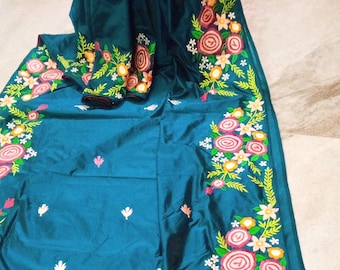 Rama Green Art Silk Saree with Parshi Embroidery