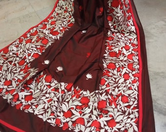 Parsi embroidery on blended silk saree with red piping border and Blouse piece