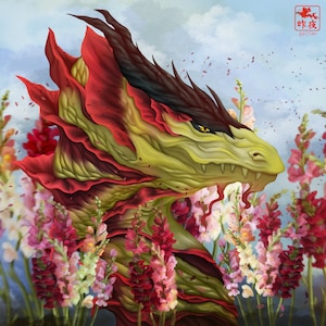 May include: A green and red dragon's head with black horns and yellow eyes is surrounded by pink, white and red flowers. The dragon's mouth is open, showing sharp teeth. The background is a light blue sky with white clouds.