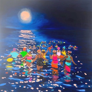 Pink Moon Swim, wild swimming Greeting card 6” x 6”