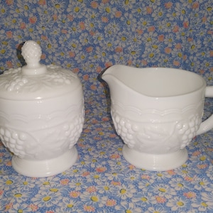 Imperial Glass Milk Glass Sugar and Creamer Set with Grape Vines