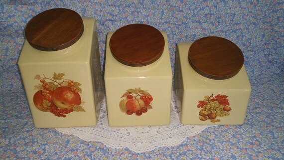 Hyalyn Canisters Set of 3 Kitchen Canisters with Wood Covers and Fruit Design