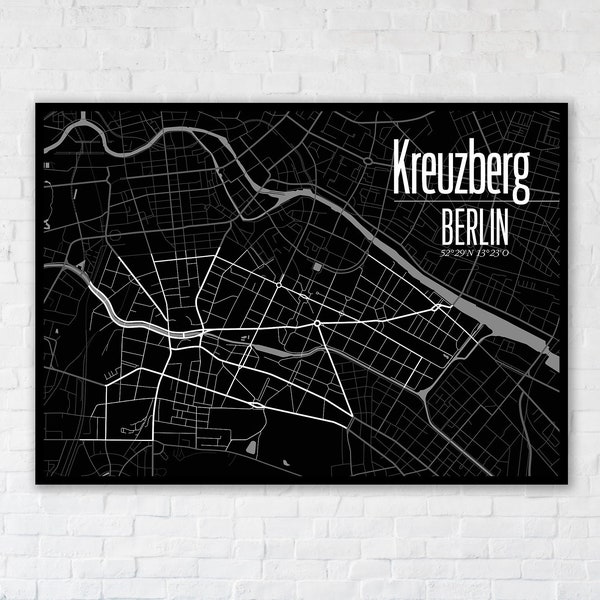 BERLIN Kreuzberg 70x50 cm Poster City Map | hochwertiger Offsetdruck | Karte Berlin Stadtplan schwarz | Xberg | Souvenir | Kiez | Design