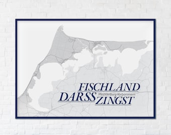 FISCHLAND DARSS 70x50 cm Poster | Karte Landkarte Ostsee Halbinsel Umgebung | Deko Ferienwohnung Ostsee | Prerow Ahrenshoop | Mecklenburg