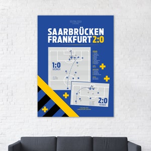 Könnte beinhalten: Ein blaues Poster mit der Aufschrift "SAARBRÜCKEN FRANKFURT 2:0" und zwei Fußballfeld-Diagrammen. Die Spielstände 1:0 und 2:0 sind dargestellt. Das Poster hängt an einer weißen Backsteinmauer.