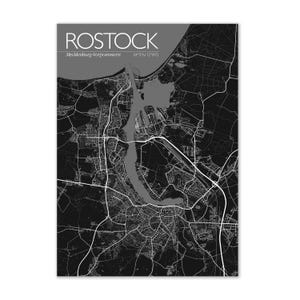 Poster Rostock, Ostsee, Küste, Mecklenburg, Meck-Pomm, M-V, MV, Vorpommern, Urlaub, Illustration Warnemünde, Toitenwinkel, Dierkow, Lütten Klein, Reutershagen, Landkarte, Straßenkarte, Deko, schwarz, Hansestadt Rostock, Souvenir, Kunstdruck, Hansa
