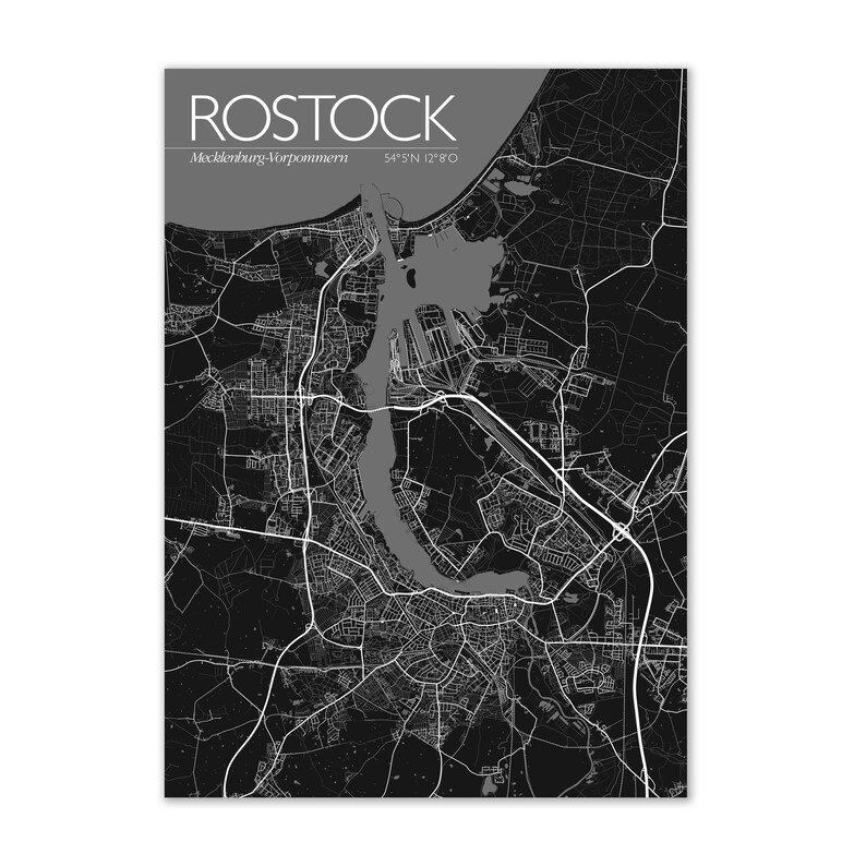 Poster Rostock, Ostsee, Küste, Mecklenburg, Meck-Pomm, M-V, MV, Vorpommern, Urlaub, Illustration Warnemünde, Toitenwinkel, Dierkow, Lütten Klein, Reutershagen, Landkarte, Straßenkarte, Deko, schwarz, Hansestadt Rostock, Souvenir, Kunstdruck, Hansa