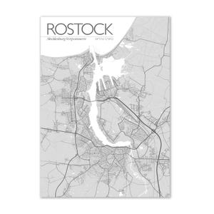 Poster Rostock, Ostsee, Küste, Mecklenburg, Meck-Pomm, M-V, MV, Vorpommern, Urlaub, Illustration Warnemünde, Toitenwinkel, Dierkow, Lütten Klein, Reutershagen, Landkarte, Straßenkarte, Deko, schwarz, Hansestadt Rostock, Souvenir, Kunstdruck, Hansa