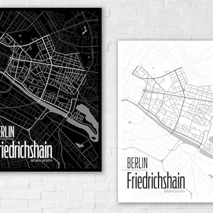 BERLÍN Friedrichshain 50 x 70 cm Póster Ciudad | impresión offset de alta calidad | Mapa Mapa de la ciudad de Berlín negro | Fhaín | Recuerdo Berlín | diseño