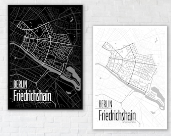 BERLIN Friedrichshain 50x70 cm Poster City | hochwertiger Offsetdruck | Karte Berlin Stadtplan schwarz | Fhain | Souvenir Berlin | Design