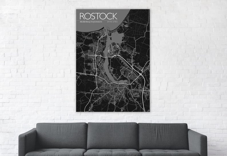 Poster Rostock, Ostsee, Küste, Mecklenburg, Meck-Pomm, M-V, MV, Vorpommern, Urlaub, Illustration Warnemünde, Toitenwinkel, Dierkow, Lütten Klein, Reutershagen, Landkarte, Straßenkarte, Deko, schwarz, Hansestadt Rostock, Souvenir, Kunstdruck, Hansa