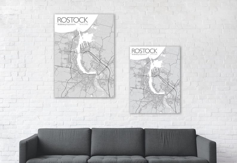 Poster Rostock, Ostsee, Küste, Mecklenburg, Meck-Pomm, M-V, MV, Vorpommern, Urlaub, Illustration Warnemünde, Toitenwinkel, Dierkow, Lütten Klein, Reutershagen, Landkarte, Straßenkarte, Deko, schwarz, Hansestadt Rostock, Souvenir, Kunstdruck, Hansa