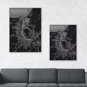 Poster Rostock, Ostsee, Küste, Mecklenburg, Meck-Pomm, M-V, MV, Vorpommern, Urlaub, Illustration Warnemünde, Toitenwinkel, Dierkow, Lütten Klein, Reutershagen, Landkarte, Straßenkarte, Deko, schwarz, Hansestadt Rostock, Souvenir, Kunstdruck, Hansa