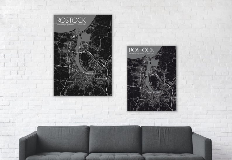 Poster Rostock, Ostsee, Küste, Mecklenburg, Meck-Pomm, M-V, MV, Vorpommern, Urlaub, Illustration Warnemünde, Toitenwinkel, Dierkow, Lütten Klein, Reutershagen, Landkarte, Straßenkarte, Deko, schwarz, Hansestadt Rostock, Souvenir, Kunstdruck, Hansa