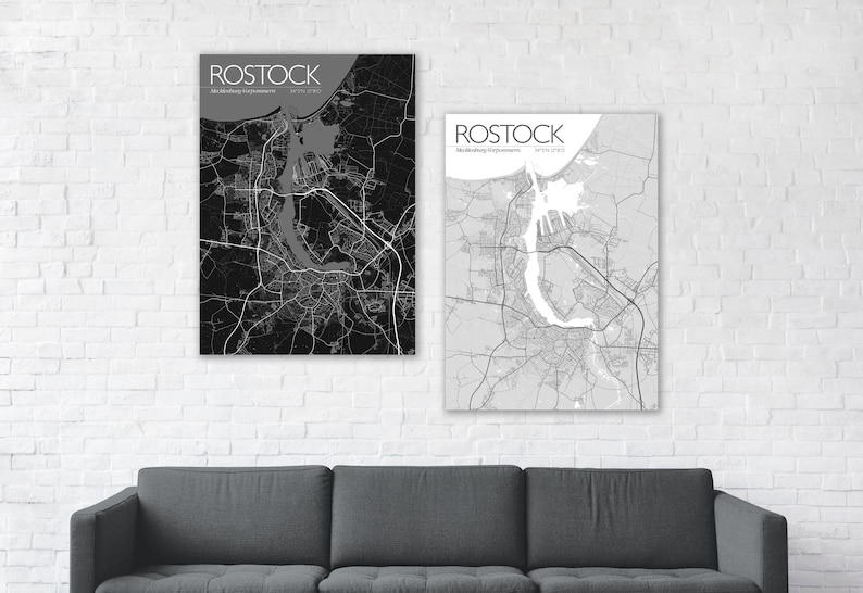 Poster Rostock, Ostsee, Küste, Mecklenburg, Meck-Pomm, M-V, MV, Vorpommern, Urlaub, Illustration Warnemünde, Toitenwinkel, Dierkow, Lütten Klein, Reutershagen, Landkarte, Straßenkarte, Deko, schwarz, Hansestadt Rostock, Souvenir, Kunstdruck, Hansa
