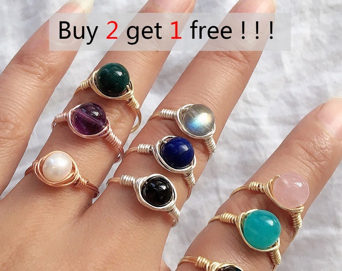 Buy 2 get 1 free ! Gemstone Bead Ring.  Wire Wrapped Bead Ring. Healing Crystal Ring. Choose Your Gemstone.  Silver Ring. Boho Jewelry.