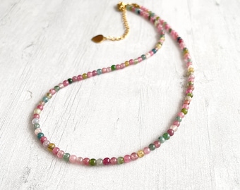 Minimalist Rainbow tourmaline beaded Necklace,Dainty  jewelry, valentines day gift,Protection healing necklace, Gift for Her, Christmas Gift