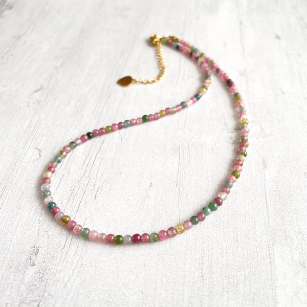 Minimalist Rainbow tourmaline beaded Necklace,Dainty  jewelry, valentines day gift,Protection healing necklace, Gift for Her, Christmas Gift