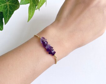 Anniversary Gift February Birthstone Stretch Bracelet Size 7.5 Handmade in Canada Raw Amethyst Crystal Raw Black Lava Beads Mala Bracelet Black Protection Bracelet