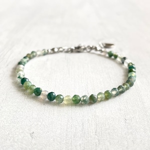 Faceted Moss Agate Minimalist Bracelet -Natural Stone Dainty Bracelet- Healing Crystal Delicate Spiritual Protection Gift- Best gift for her