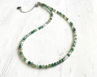Minimalist Faceted Moss agate Necklace,  Dainty crystal jewelry, valentines day gift,Protection healing necklace, Gift for Her, Christmas