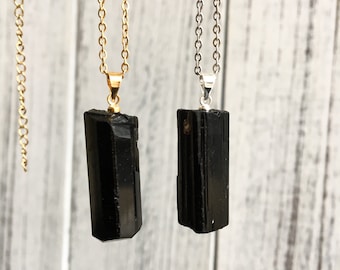 Raw Black Tourmaline Necklace, Protection Necklace, Black Stone Necklace, Black Crystal Necklace, Black Gemstone, Meditation, Gold or Silver