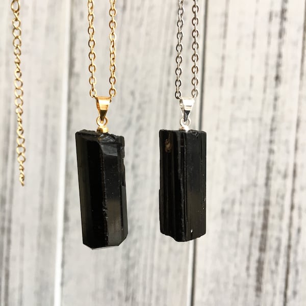 Raw Black Tourmaline Necklace, Protection Necklace, Black Stone Necklace, Black Crystal Necklace, Black Gemstone, Meditation, Gold or Silver